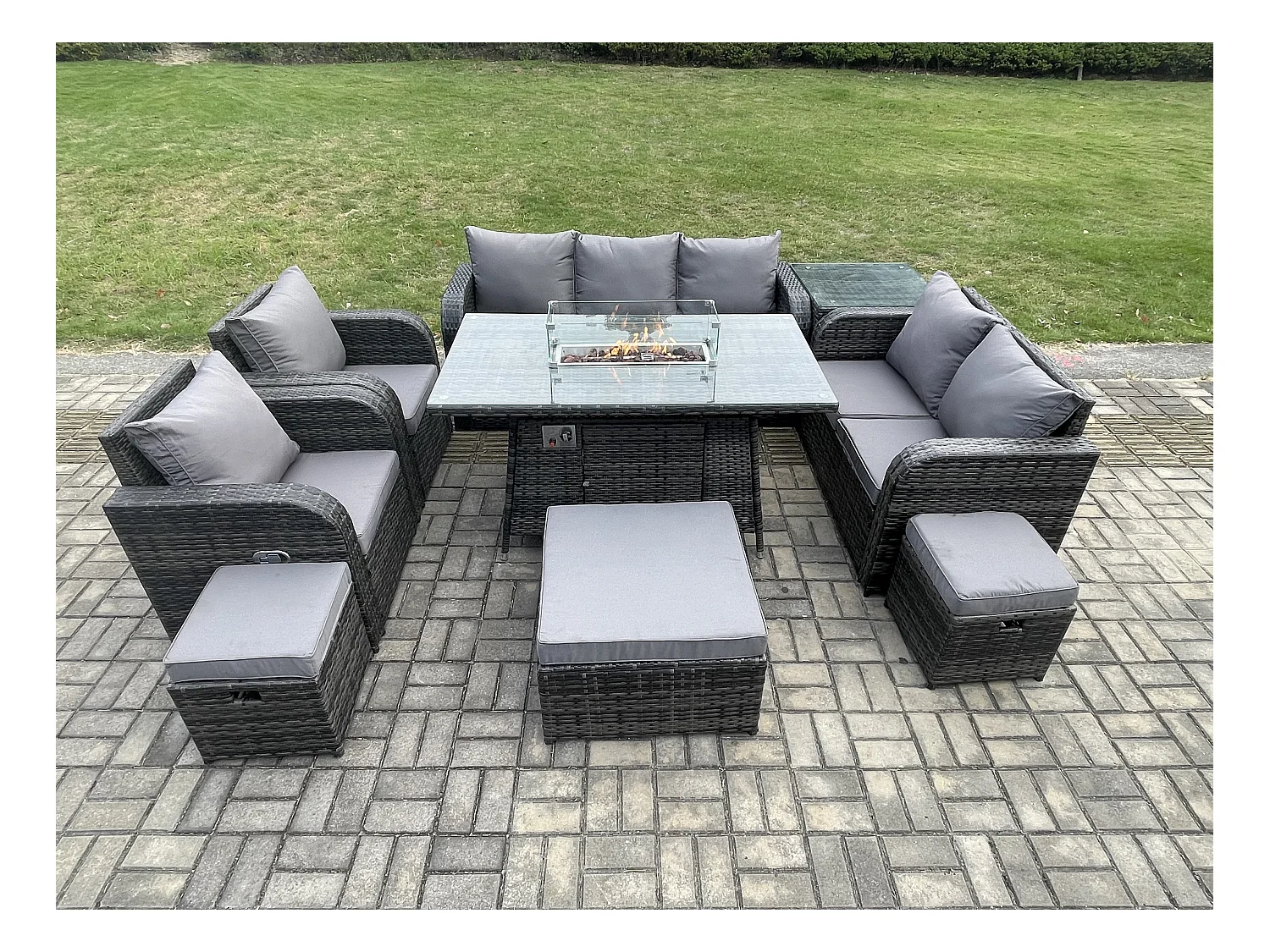 10-Sitzer Polyrattan Gartenmöbelset Gasfeuerstelle Esstisch und Sofa Sessel set mit 3 Hockern Beistelltisch