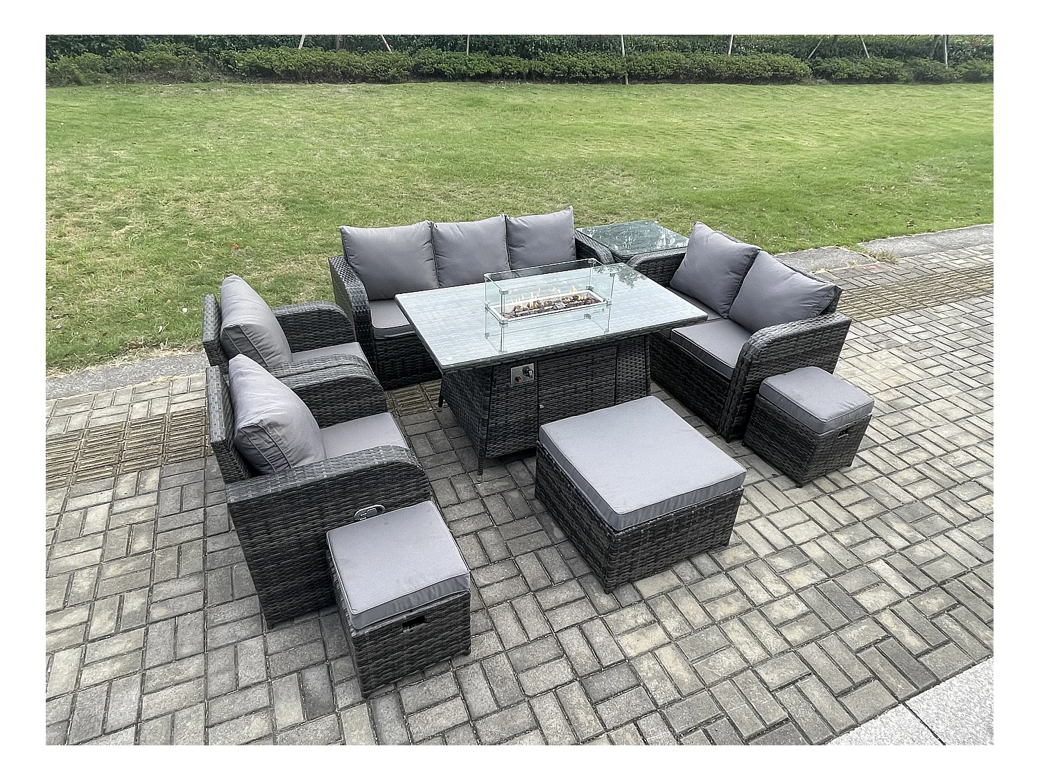 10-Sitzer Polyrattan Gartenmöbelset Gasfeuerstelle Esstisch und Sofa Sessel set mit 3 Hockern Beistelltisch