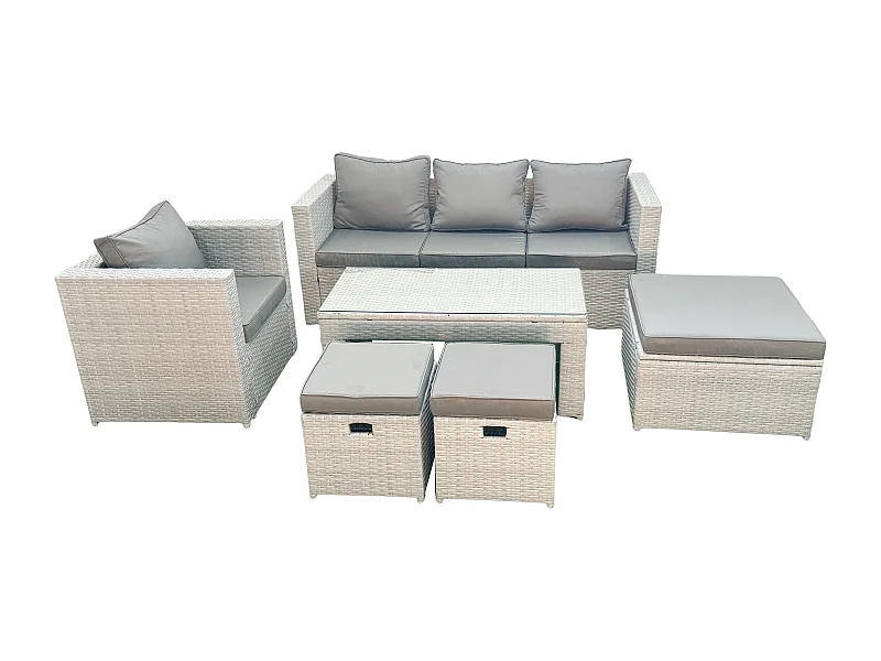 Polyrattan Gartenmöbel Set 6 Stücke Outdoor Garten Sofa Rechteckiger Couchtisch Set mit Sessel 3 Hockern Hellgrau gemischt