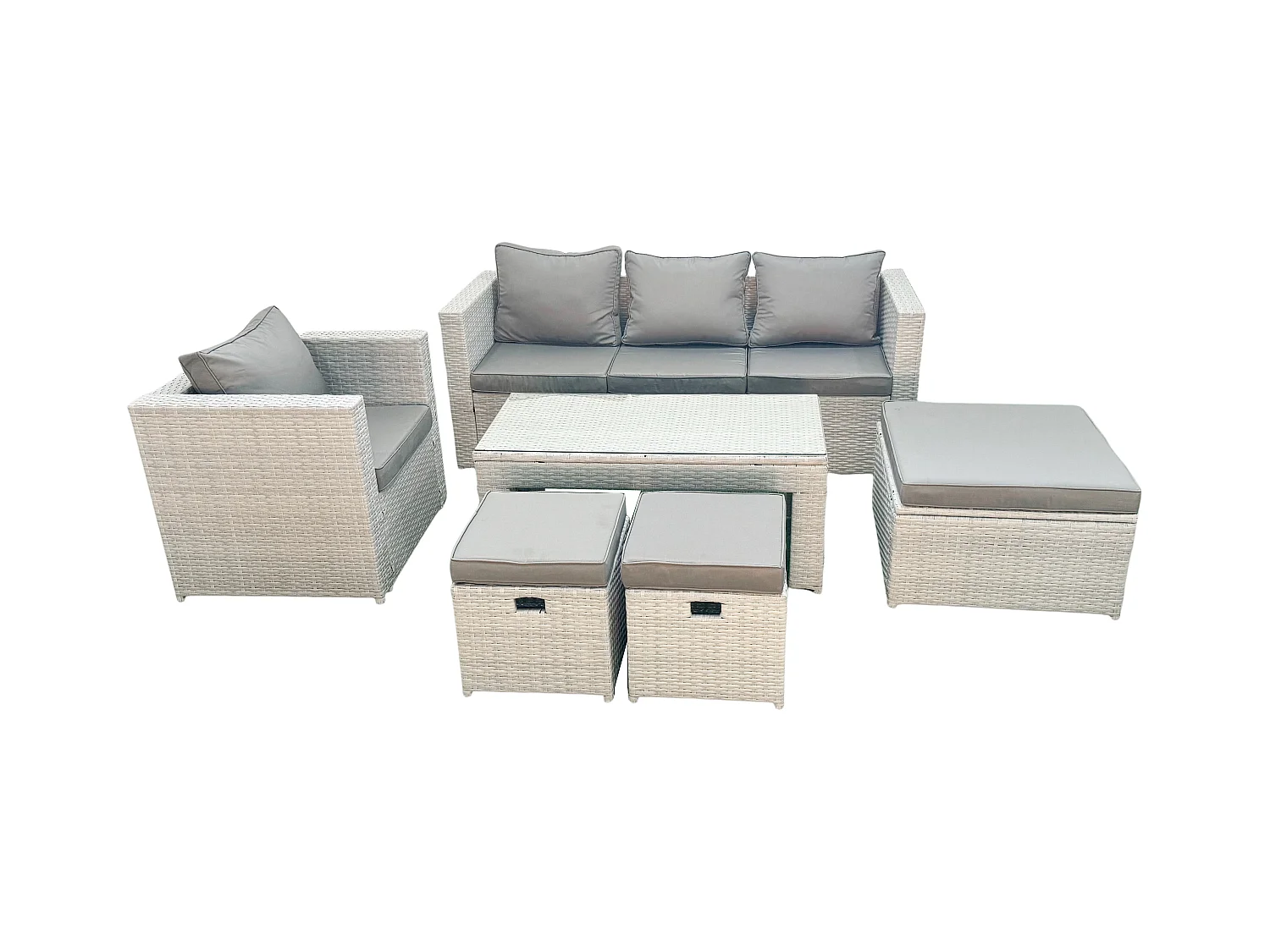 Polyrattan Gartenmöbel Set 6 Stücke Outdoor Garten Sofa Rechteckiger Couchtisch Set mit Sessel 3 Hockern Hellgrau gemischt