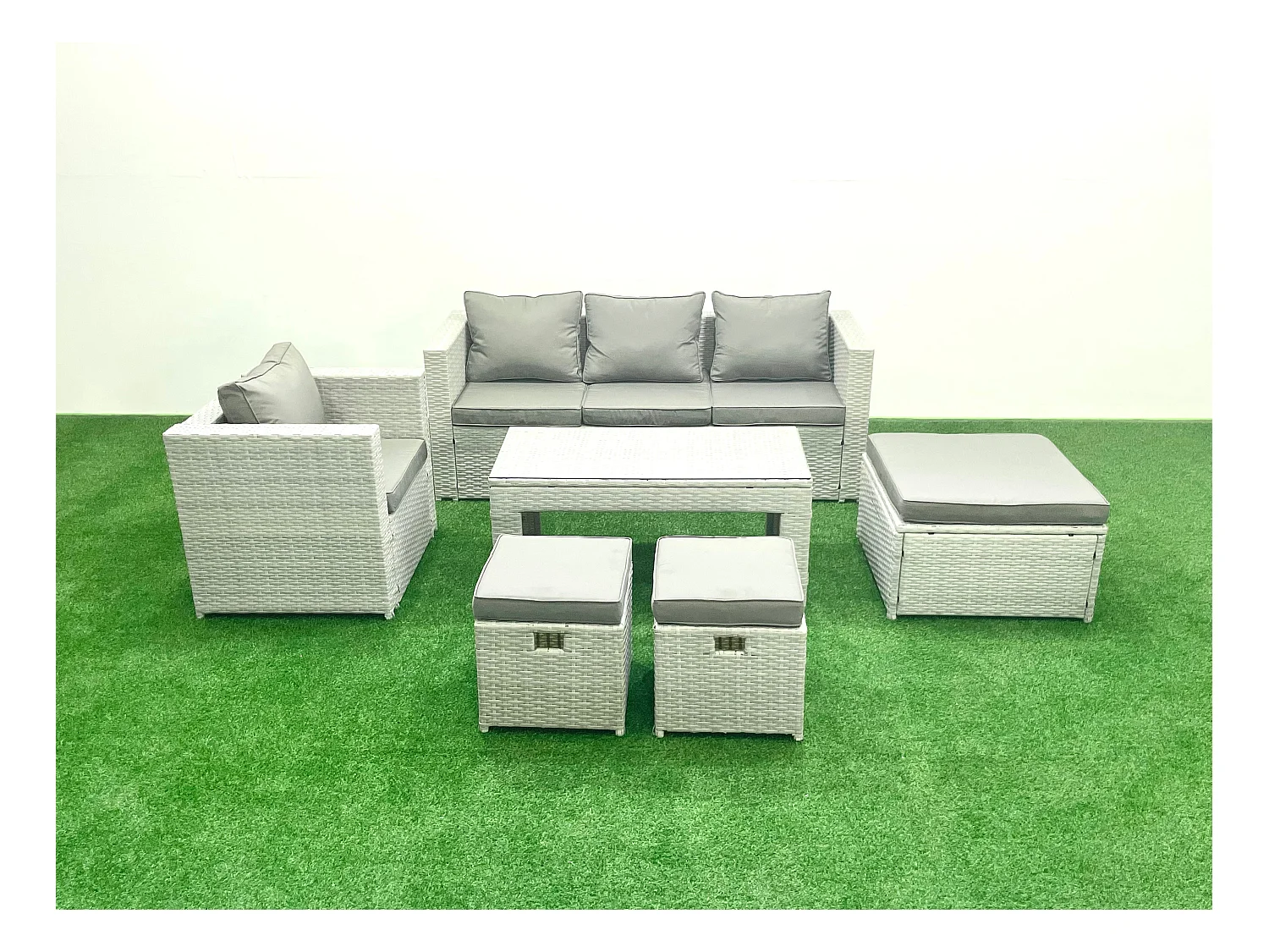 Polyrattan Gartenmöbel Set 6 Stücke Outdoor Garten Sofa Rechteckiger Couchtisch Set mit Sessel 3 Hockern Hellgrau gemischt