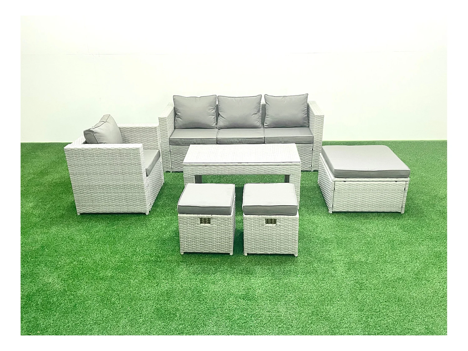 Polyrattan Gartenmöbel Set 6 Stücke Outdoor Garten Sofa Rechteckiger Couchtisch Set mit Sessel 3 Hockern Hellgrau gemischt