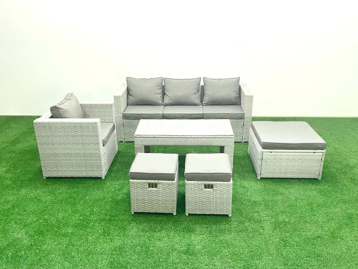 Polyrattan Gartenmöbel Set 6 Stücke Outdoor Garten Sofa Rechteckiger Couchtisch Set mit Sessel 3 Hockern Hellgrau gemischt