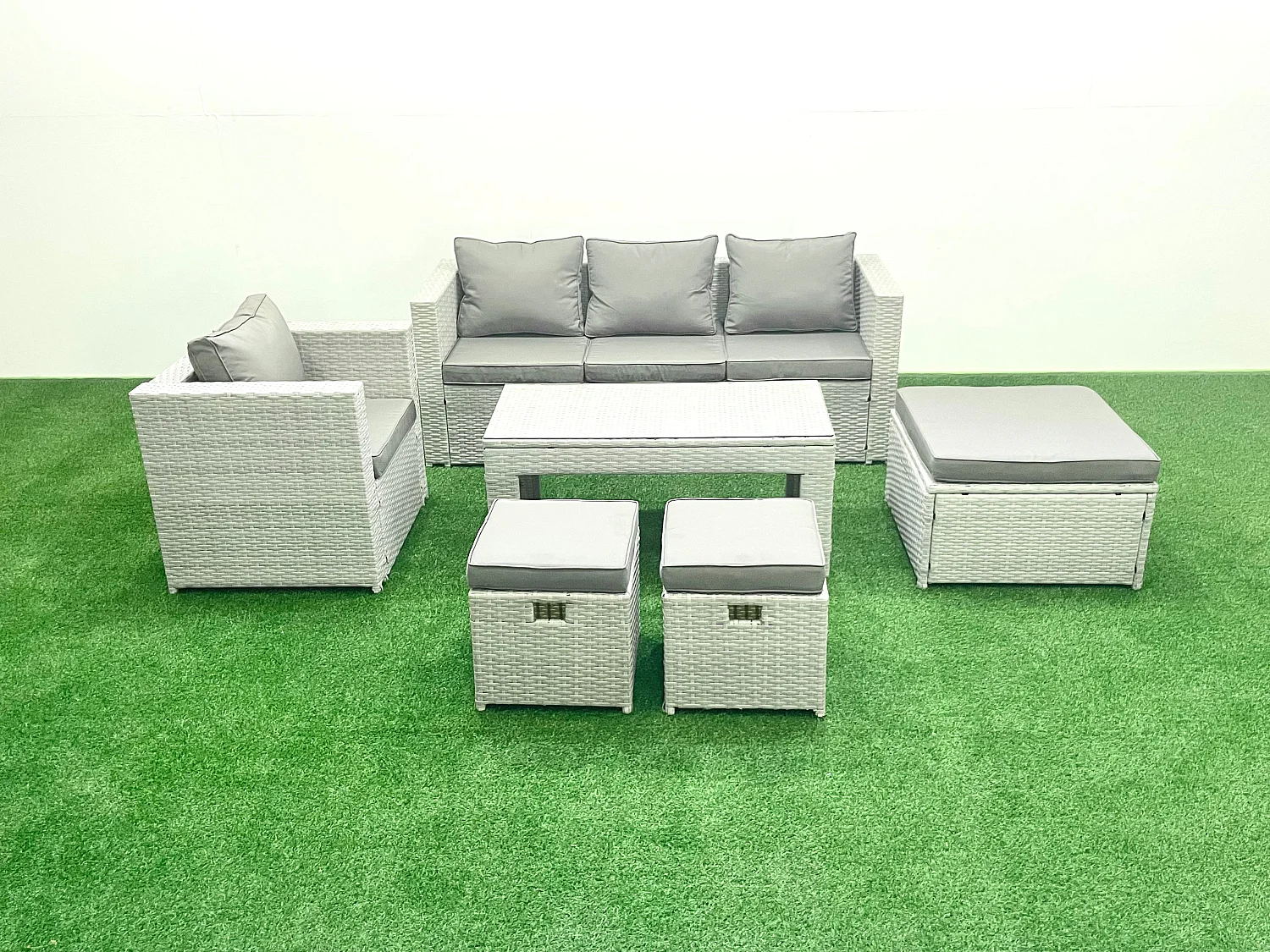 Polyrattan Gartenmöbel Set 6 Stücke Outdoor Garten Sofa Rechteckiger Couchtisch Set mit Sessel 3 Hockern Hellgrau gemischt