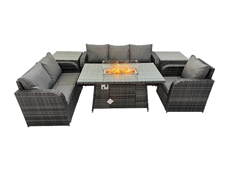 Ensemble Salon de Jardin Extérieur en polyrotin Table de foyer à gaz et Canapé Fauteuil avec 2 Tables d'appoint