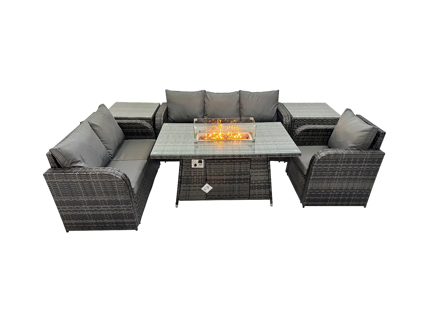 Ensemble Salon de Jardin Extérieur en polyrotin Table de foyer à gaz et Canapé Fauteuil avec 2 Tables d'appoint