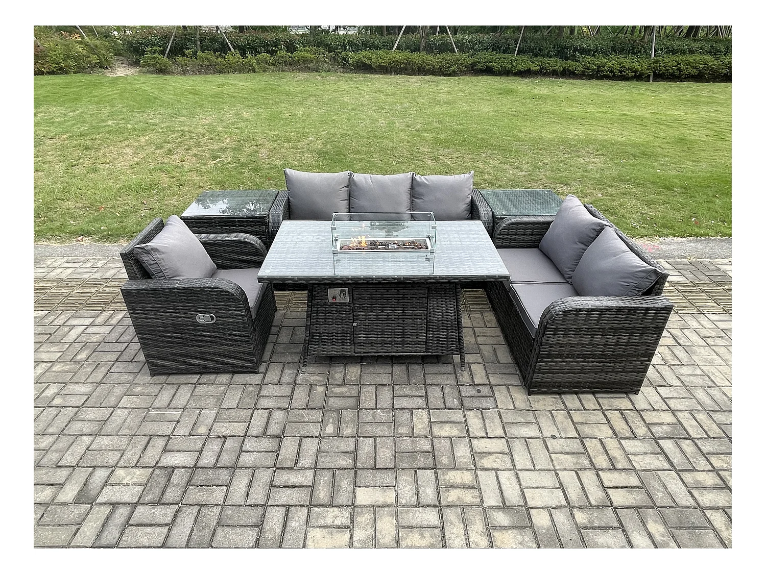 Ensemble Salon de Jardin Extérieur en polyrotin Table de foyer à gaz et Canapé Fauteuil avec 2 Tables d'appoint