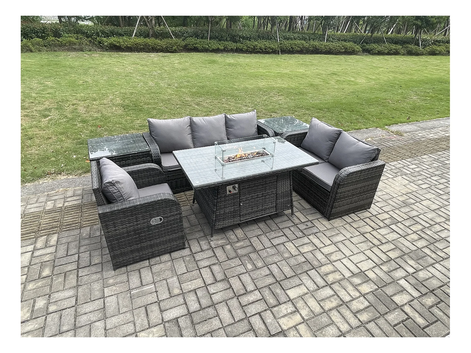 Ensemble Salon de Jardin Extérieur en polyrotin Table de foyer à gaz et Canapé Fauteuil avec 2 Tables d'appoint