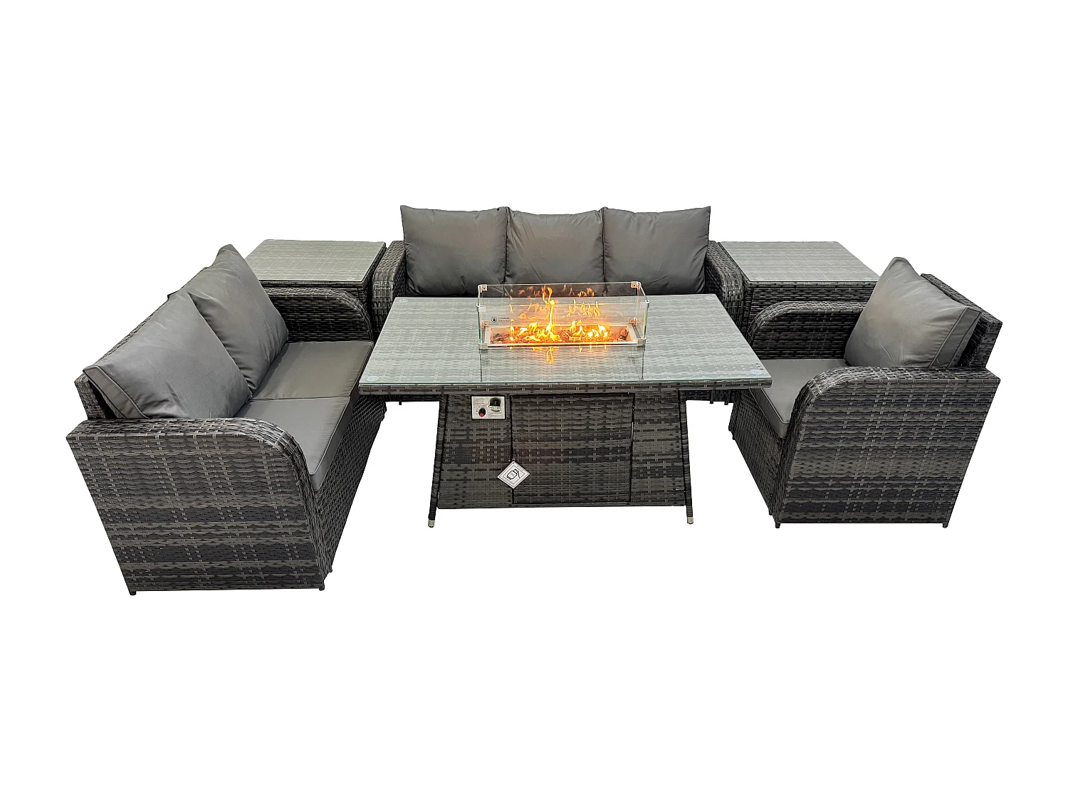 Ensemble Salon de Jardin Extérieur en polyrotin Table de foyer à gaz et Canapé Fauteuil avec 2 Tables d'appoint