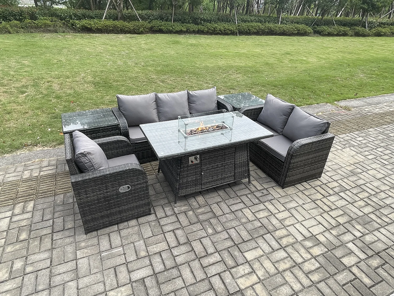 Ensemble Salon de Jardin Extérieur en polyrotin Table de foyer à gaz et Canapé Fauteuil avec 2 Tables d'appoint