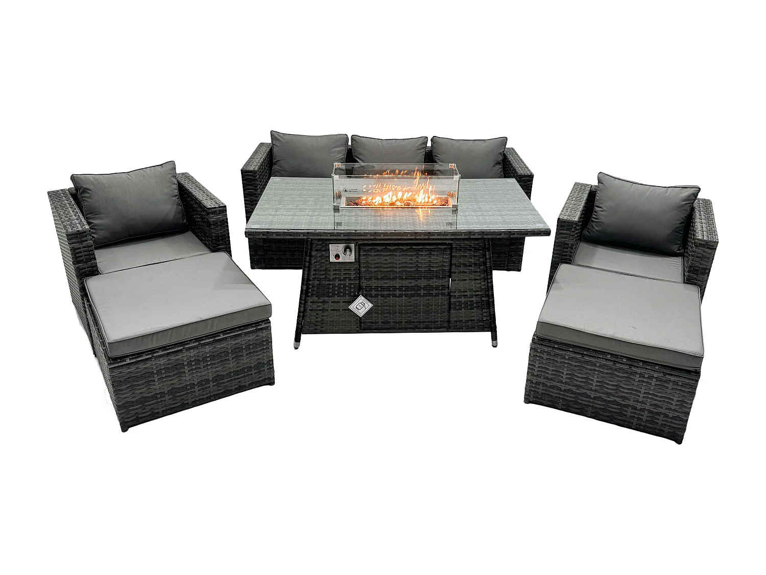 Ensemble de meubles de jardin en rotin ave Table de foyer à gaz 7 places Ensemble de canapés avec 2 Grand tabourets