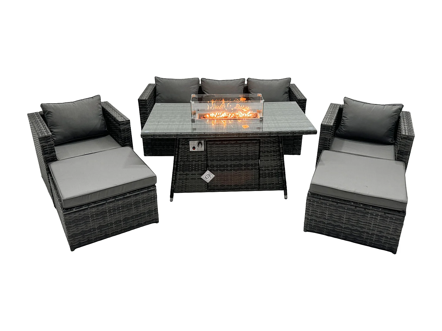 Ensemble de meubles de jardin en rotin ave Table de foyer à gaz 7 places Ensemble de canapés avec 2 Grand tabourets