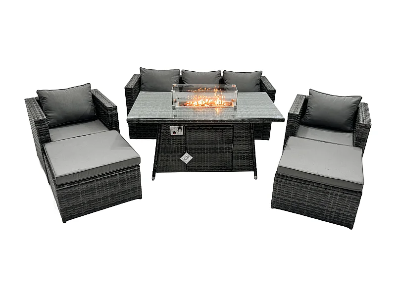 Ensemble de meubles de jardin en rotin ave Table de foyer à gaz 7 places Ensemble de canapés avec 2 Grand tabourets