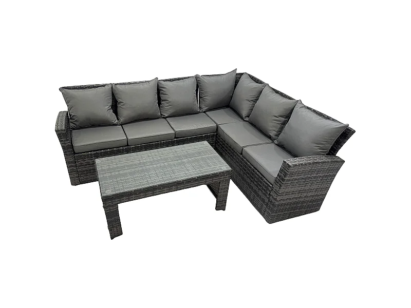 6 Seat Rattan Gartenmöbel Ecksofa Set Rattansofa Table Set mit Kissen Dunkelgrau Gemischt