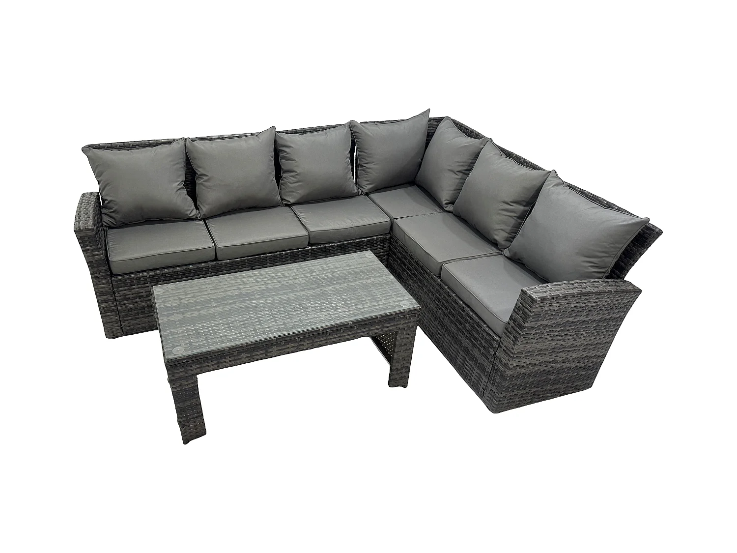 6 Seat Rattan Gartenmöbel Ecksofa Set Rattansofa Table Set mit Kissen Dunkelgrau Gemischt