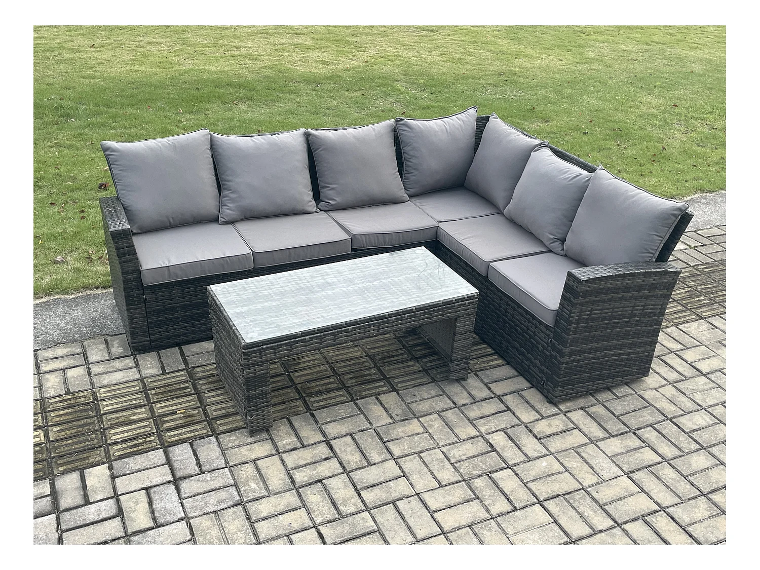 6 Seat Rattan Gartenmöbel Ecksofa Set Rattansofa Table Set mit Kissen Dunkelgrau Gemischt