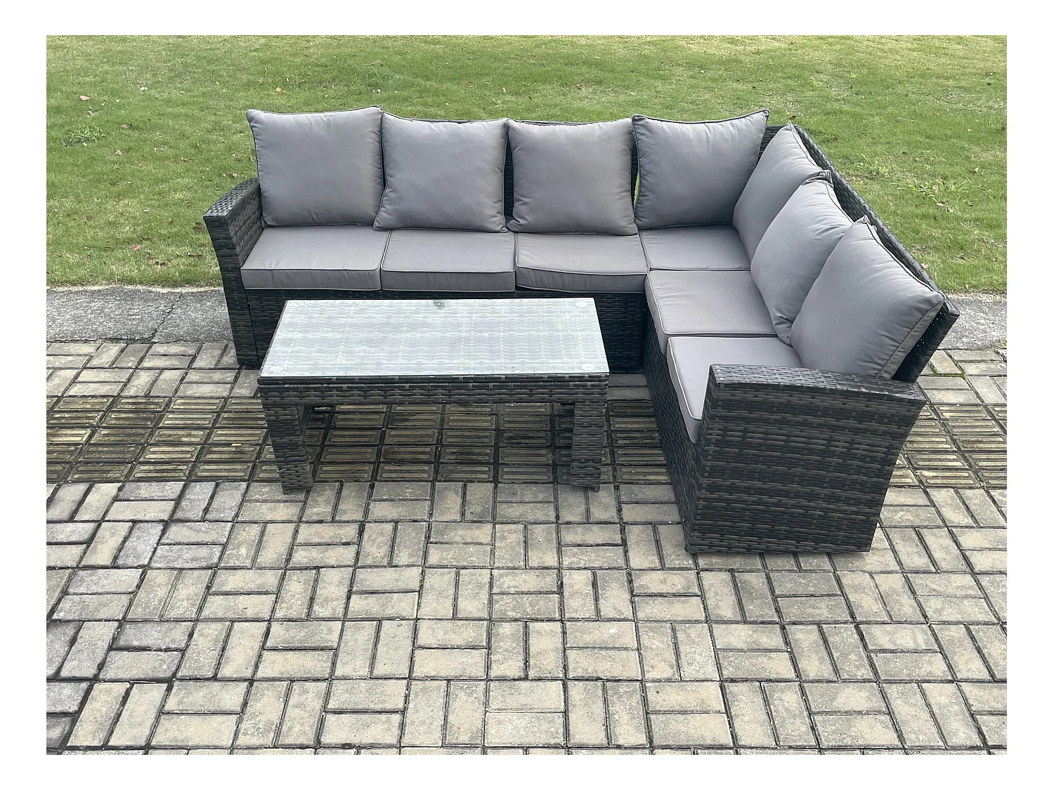 6 Seat Rattan Gartenmöbel Ecksofa Set Rattansofa Table Set mit Kissen Dunkelgrau Gemischt