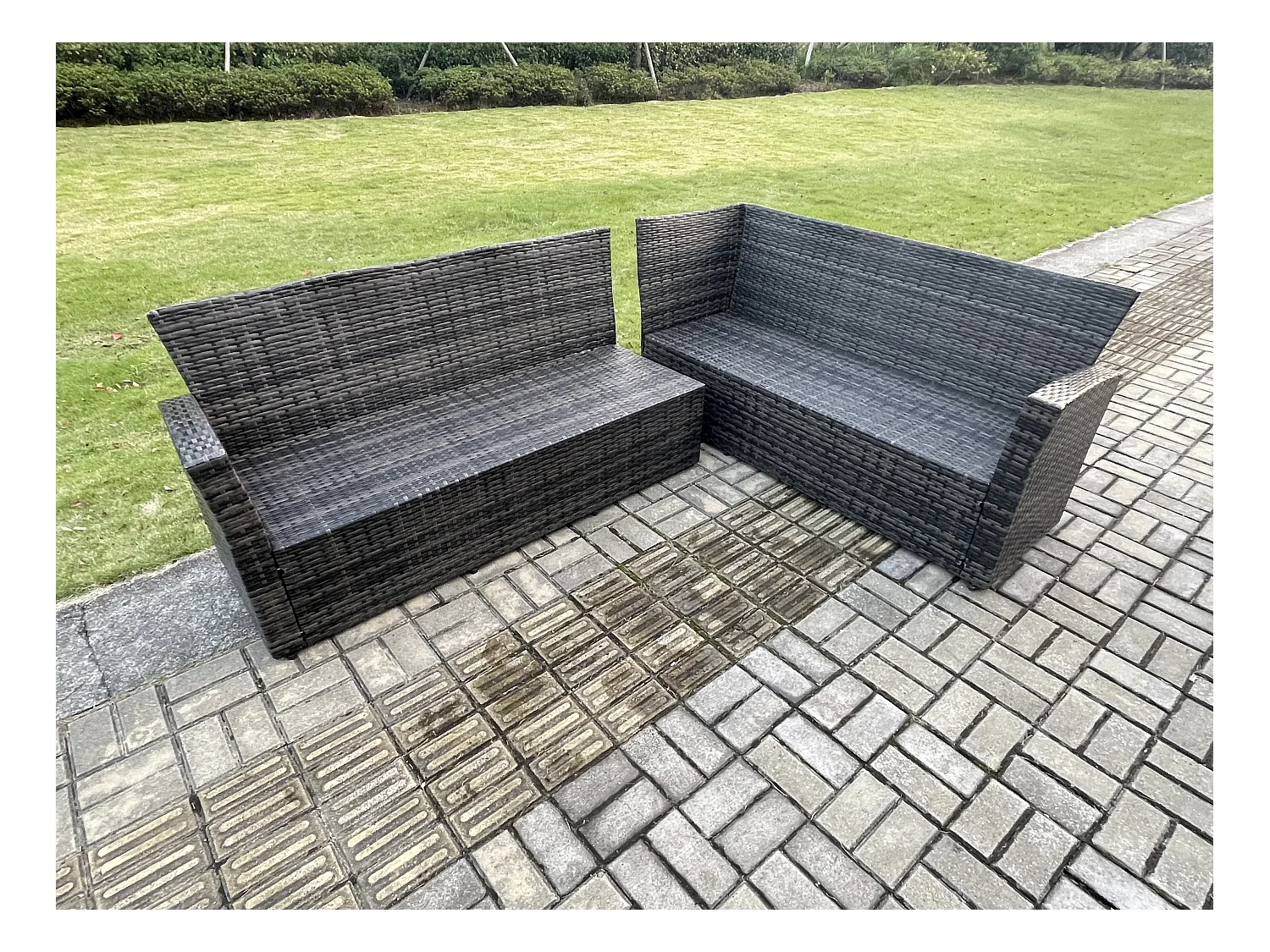 6 Seat Rattan Gartenmöbel Ecksofa Set Rattansofa Table Set mit Kissen Dunkelgrau Gemischt
