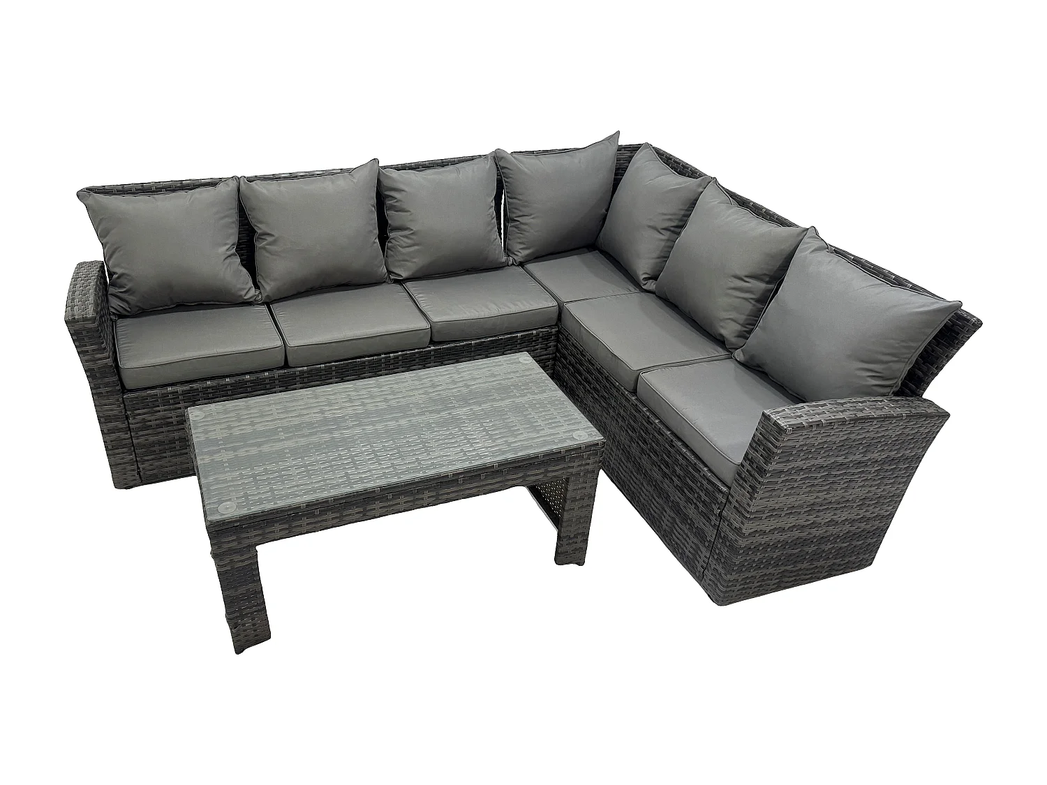6 Seat Rattan Gartenmöbel Ecksofa Set Rattansofa Table Set mit Kissen Dunkelgrau Gemischt