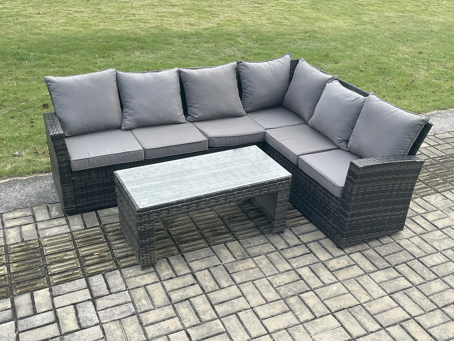 6 Seat Rattan Gartenmöbel Ecksofa Set Rattansofa Table Set mit Kissen Dunkelgrau Gemischt
