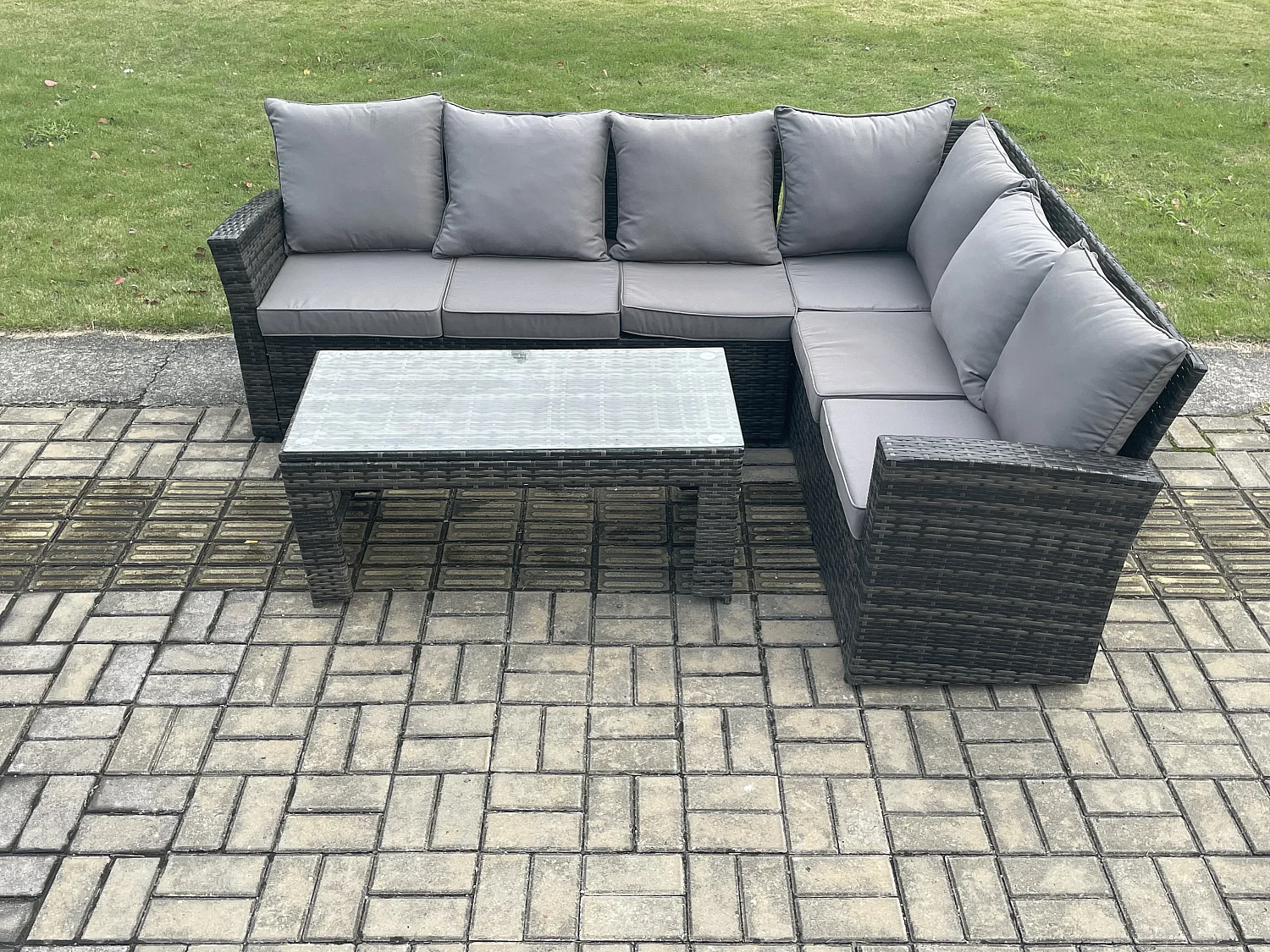 6 Seat Rattan Gartenmöbel Ecksofa Set Rattansofa Table Set mit Kissen Dunkelgrau Gemischt