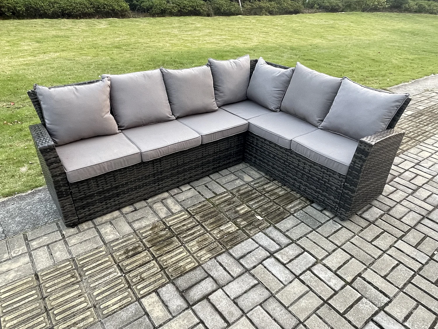 6 Seat Rattan Gartenmöbel Ecksofa Set Rattansofa Table Set mit Kissen Dunkelgrau Gemischt