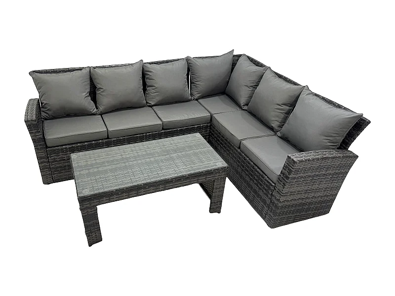 6 Seat Rattan Gartenmöbel Ecksofa Set Rattansofa Table Set mit Kissen Dunkelgrau Gemischt