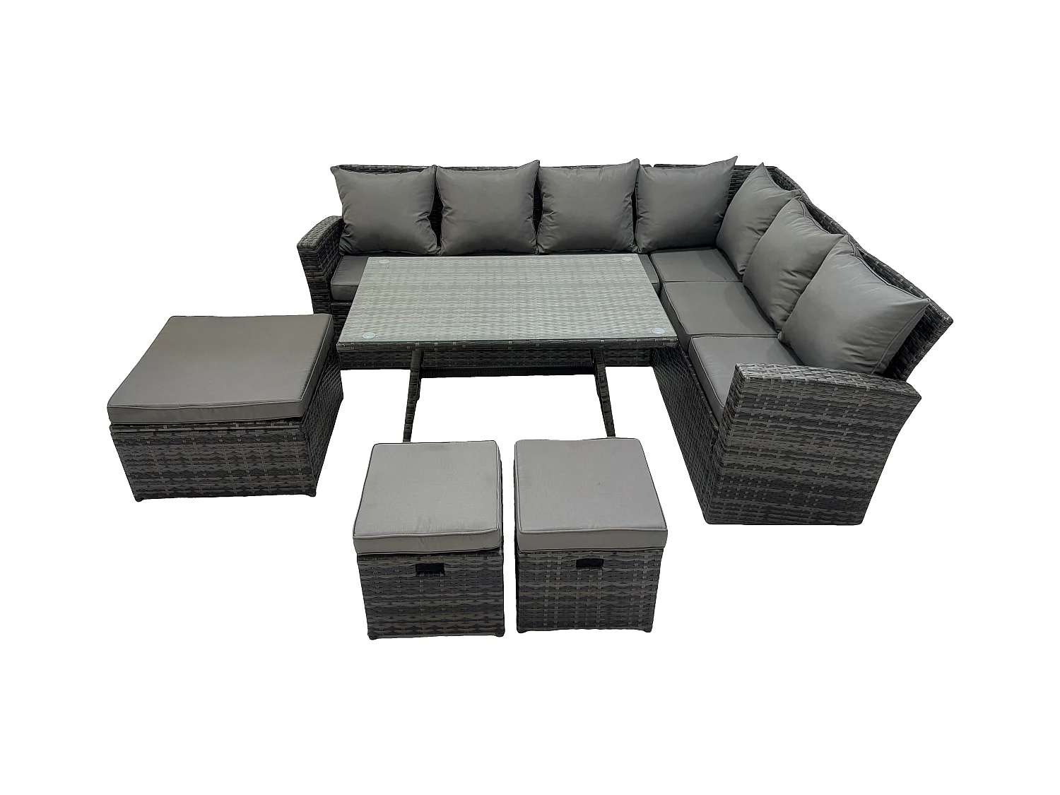 Garten Lounge Set Polyrattan Gartenmöbel Set Rechteckiger Esstisch mit Temper Glass 3 Hockern Dunkelgrau Gemischt