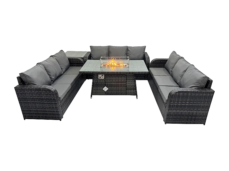 Polyrattan Gartenmöbel Set Gasfeuerstelle Esstisch Set mit Beistelltisch 3-Sitzer Sofa Dunkelgrau Gemischt