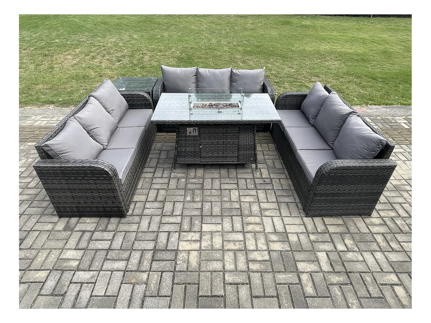 Polyrattan Gartenmöbel Set Gasfeuerstelle Esstisch Set mit Beistelltisch 3-Sitzer Sofa Dunkelgrau Gemischt