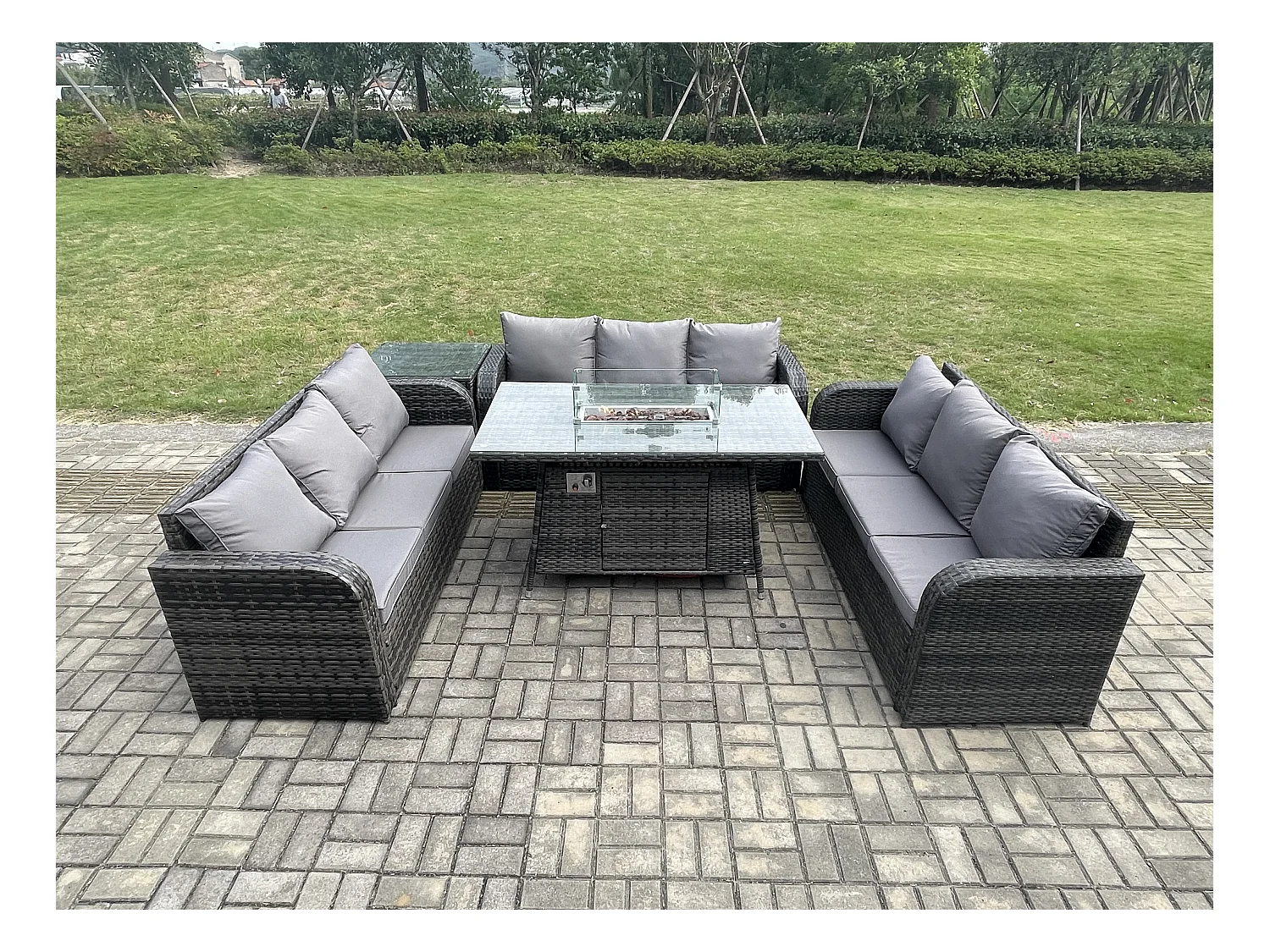 Polyrattan Gartenmöbel Set Gasfeuerstelle Esstisch Set mit Beistelltisch 3-Sitzer Sofa Dunkelgrau Gemischt
