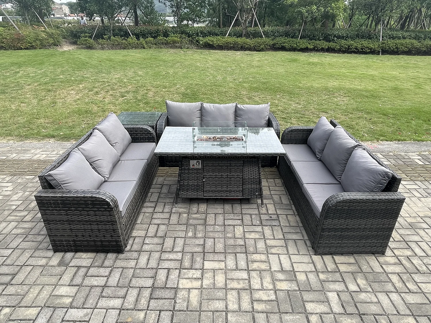 Salon de Jardin en Résine Ensemble Repas de Jardin Exterieur Table de foyer à gaz avec Table d'appoint Canapé 3 places Gris foncé mixte