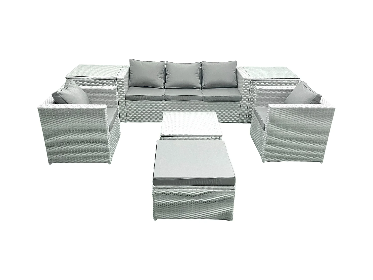 6-Sitzer Polyrattan Gartenmöbel Set mit 3-Sitzer Sofa 2 Sesseln Quadratischer Couchtisch 2 Großer Hockern 2 Beistelltischen Hellgrau gemischt