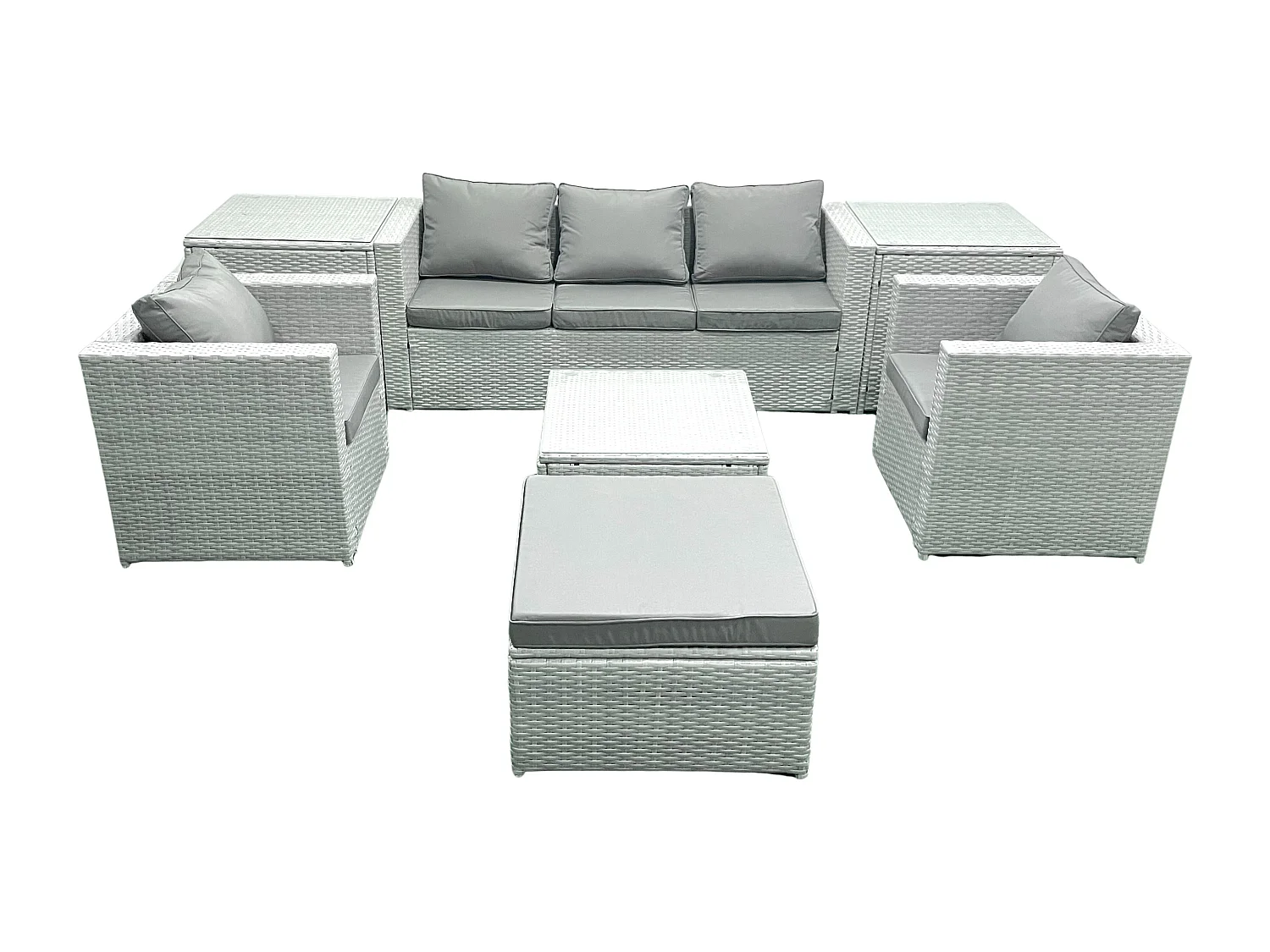 6-Sitzer Polyrattan Gartenmöbel Set mit 3-Sitzer Sofa 2 Sesseln Quadratischer Couchtisch 2 Großer Hockern 2 Beistelltischen Hellgrau gemischt