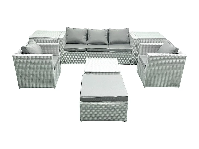 6-Sitzer Polyrattan Gartenmöbel Set mit 3-Sitzer Sofa 2 Sesseln Quadratischer Couchtisch 2 Großer Hockern 2 Beistelltischen Hellgrau gemischt