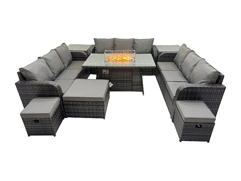 Rattan Gartenmöbel im Freien Gasfeuerstelle Esstisch Set mit 2 Beistelltischen Lounge Sofa 3 Hockern