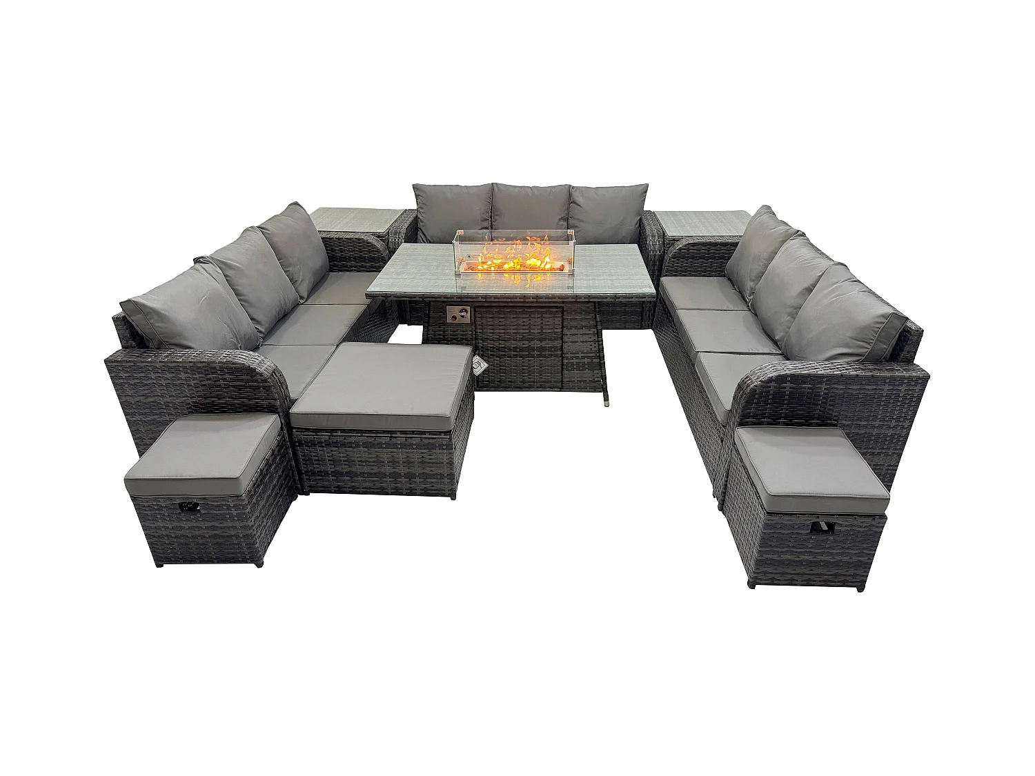 Rattan Gartenmöbel im Freien Gasfeuerstelle Esstisch Set mit 2 Beistelltischen Lounge Sofa 3 Hockern