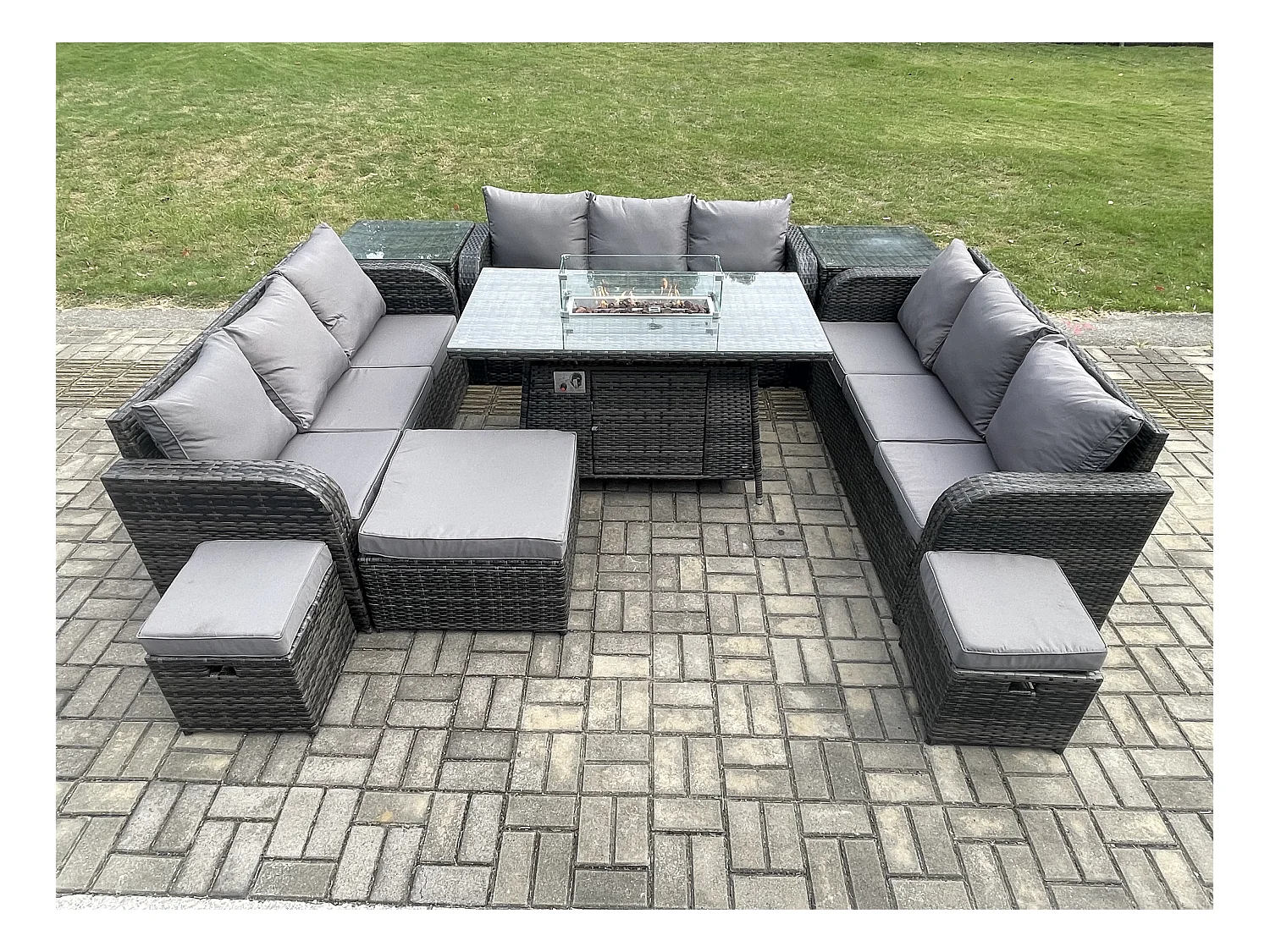 Rattan Gartenmöbel im Freien Gasfeuerstelle Esstisch Set mit 2 Beistelltischen Lounge Sofa 3 Hockern