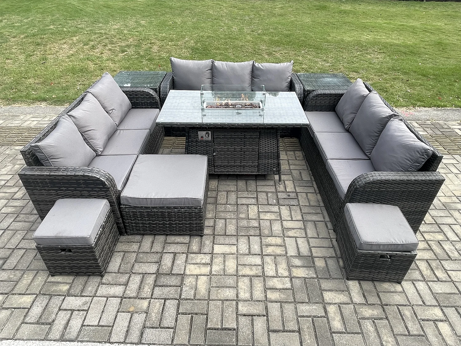 Salon de Jardin en Résine Ensemble Repas de Jardin Exterieur Table de foyer à gaz avec 2 Tables d'appoint Canapé Lounge 3 Tabourets