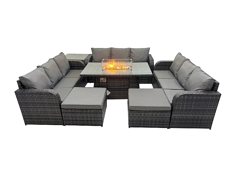 Rattan Gartenmöbel im Freien Gasfeuerstelle Esstisch Set mit Beistelltisch Lounge Sofa 2 hohen Hockern