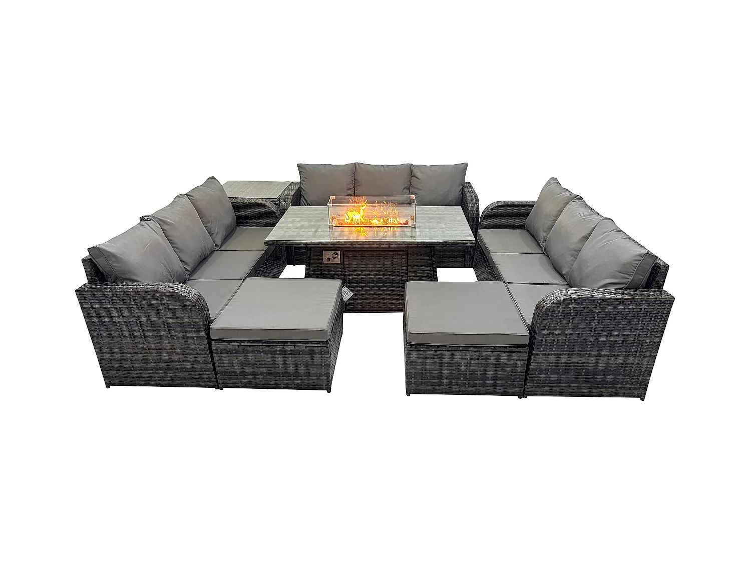Rattan Gartenmöbel im Freien Gasfeuerstelle Esstisch Set mit Beistelltisch Lounge Sofa 2 hohen Hockern