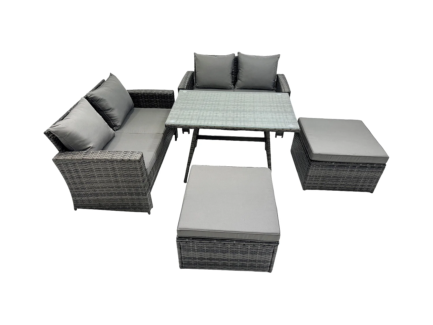 6 places Ensemble de canapé en rotin extérieur avec Table à manger rectangulaire Canapé à deux places 2 Grand tabourets Gris foncé mixte