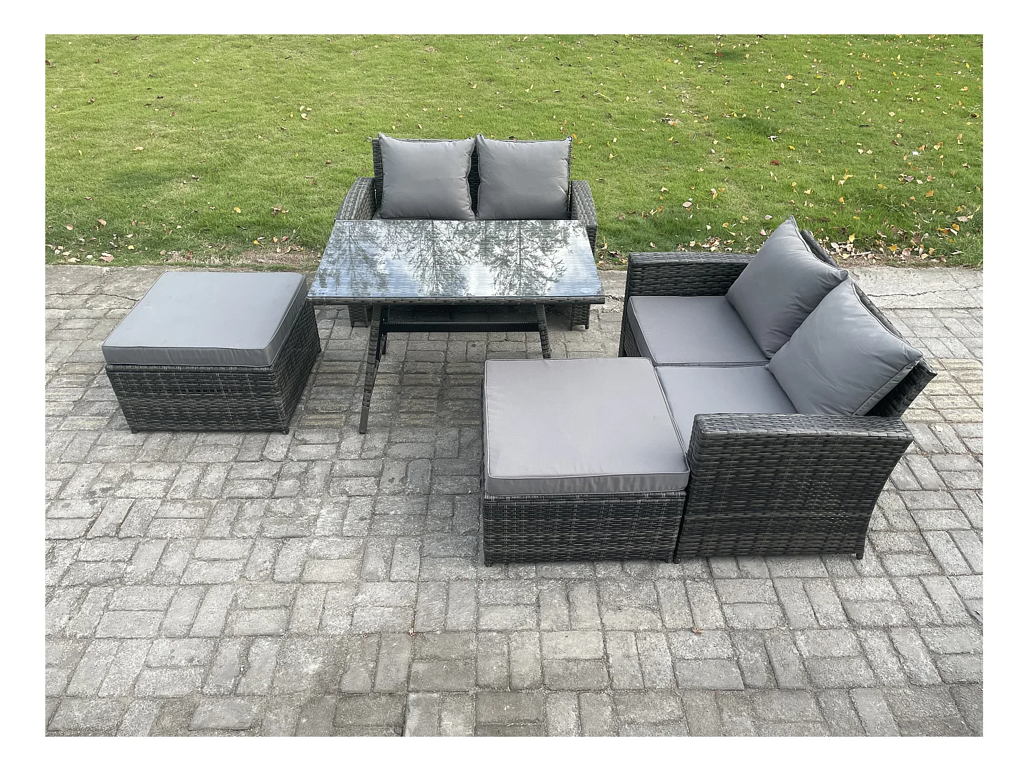 6 places Ensemble de canapé en rotin extérieur avec Table à manger rectangulaire Canapé à deux places 2 Grand tabourets Gris foncé mixte