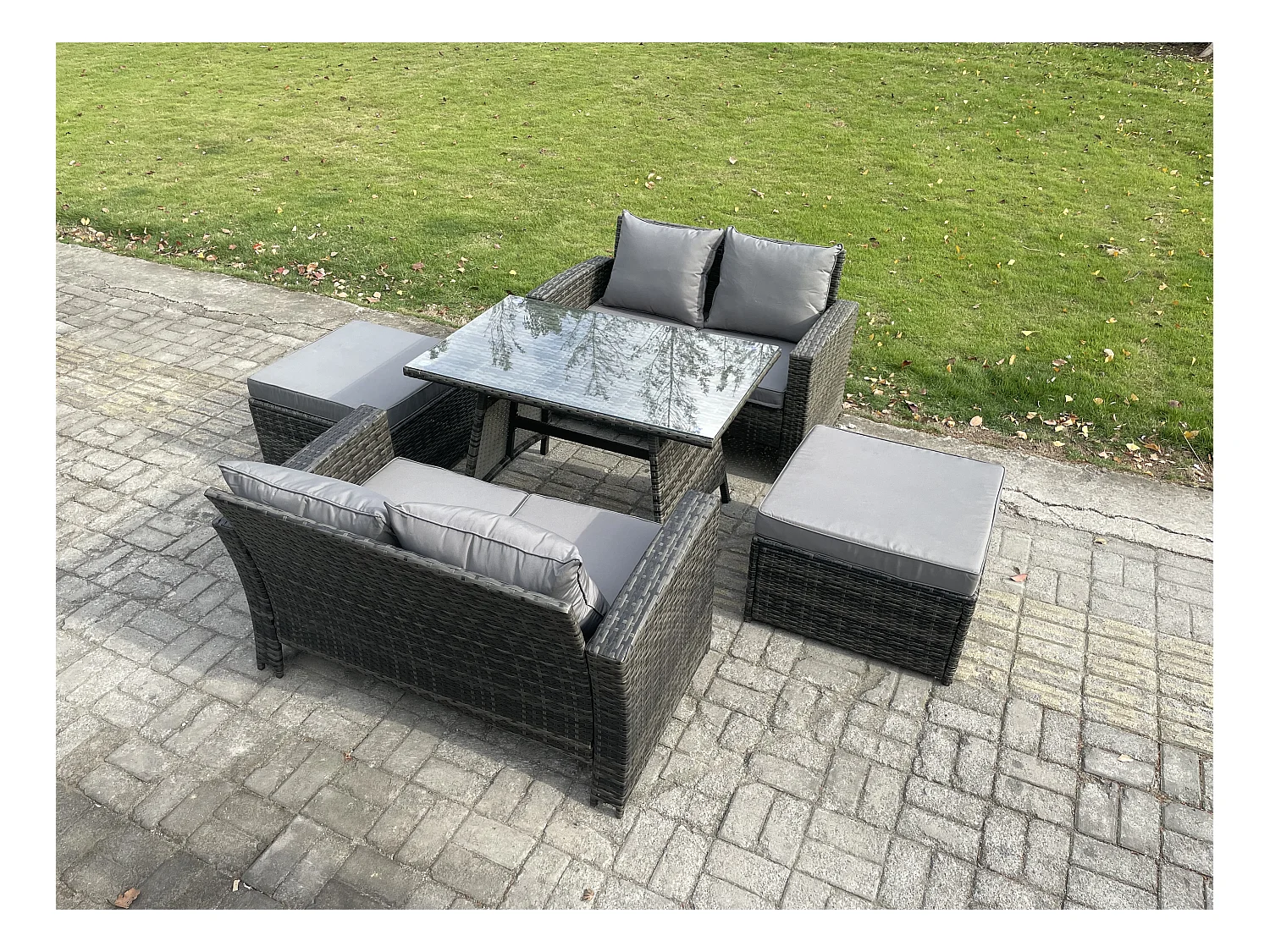 6 places Ensemble de canapé en rotin extérieur avec Table à manger rectangulaire Canapé à deux places 2 Grand tabourets Gris foncé mixte