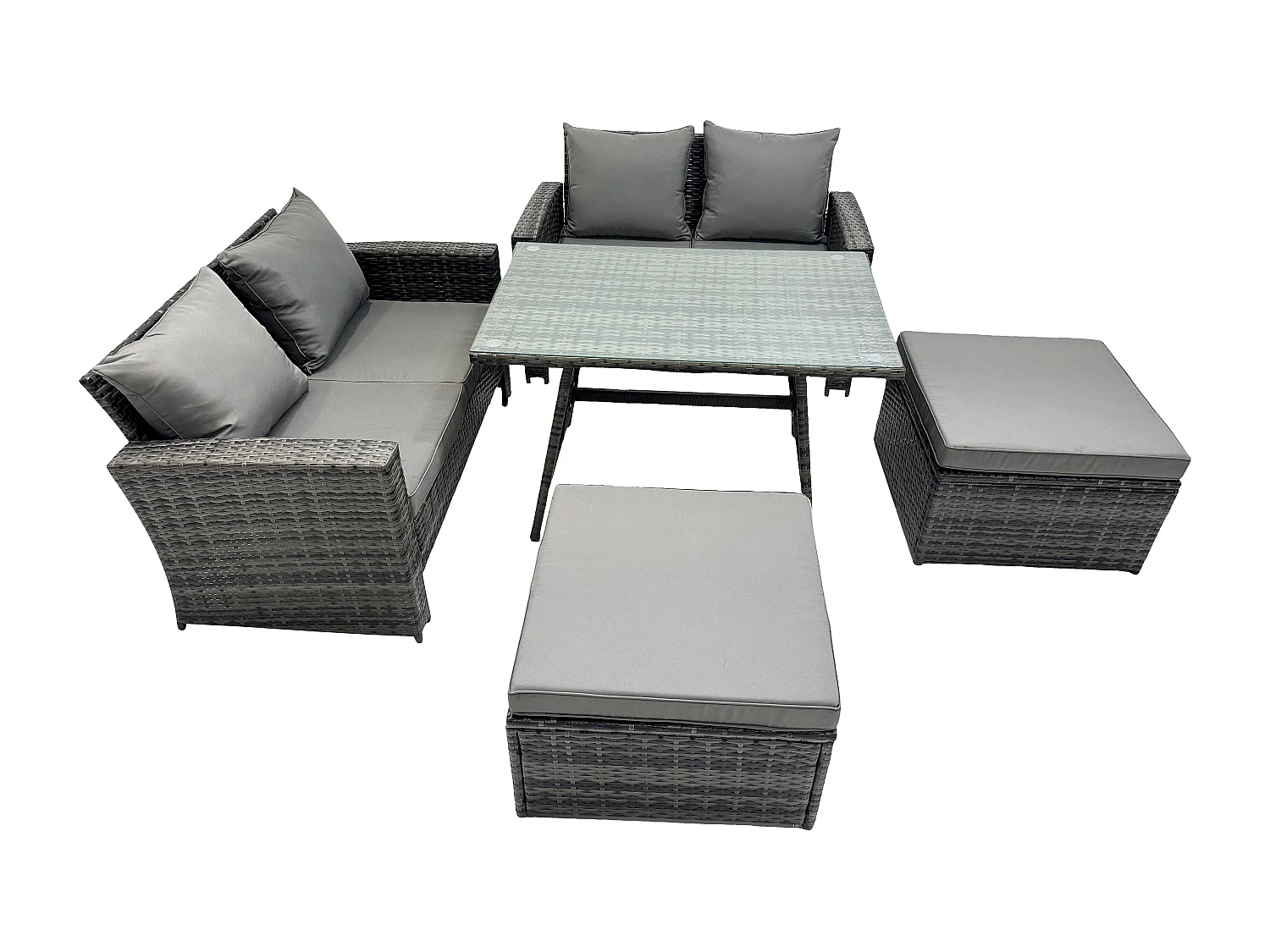 6-Sitzer Polyrattan Garten Esstisch Set Gartenmöbel Sofa mit Rechteckiger Esstisch Doppelsitz Sofa 2 hohen Hockern Dunkelgrau Gemischt