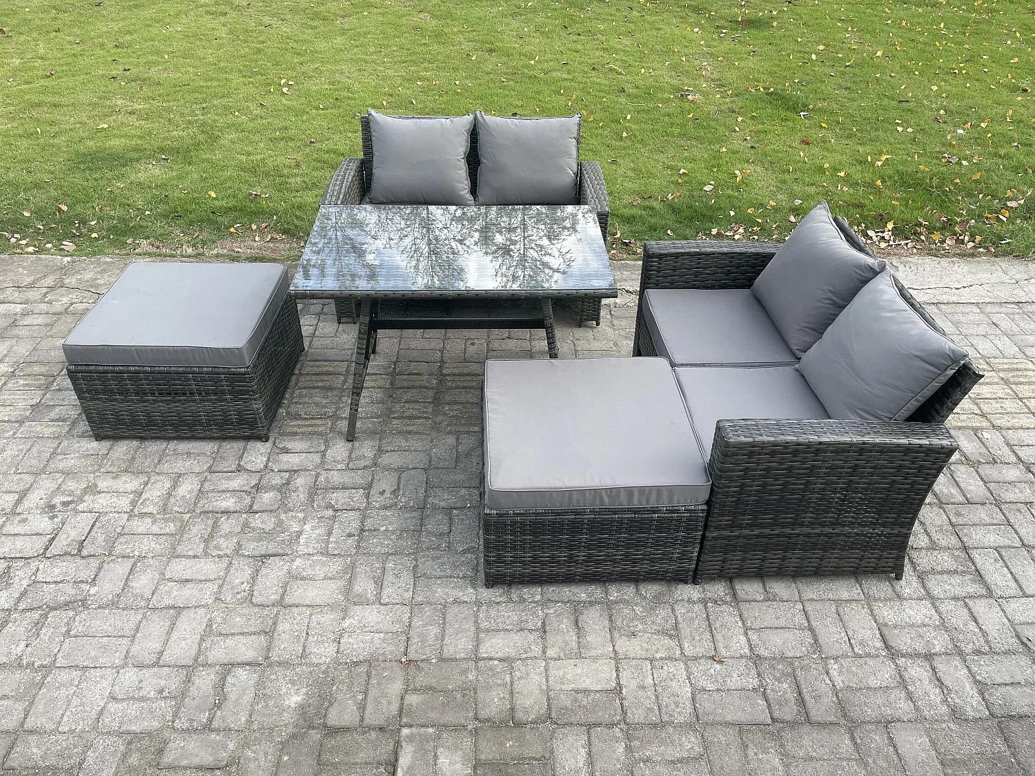 6-Sitzer Polyrattan Garten Esstisch Set Gartenmöbel Sofa mit Rechteckiger Esstisch Doppelsitz Sofa 2 hohen Hockern Dunkelgrau Gemischt