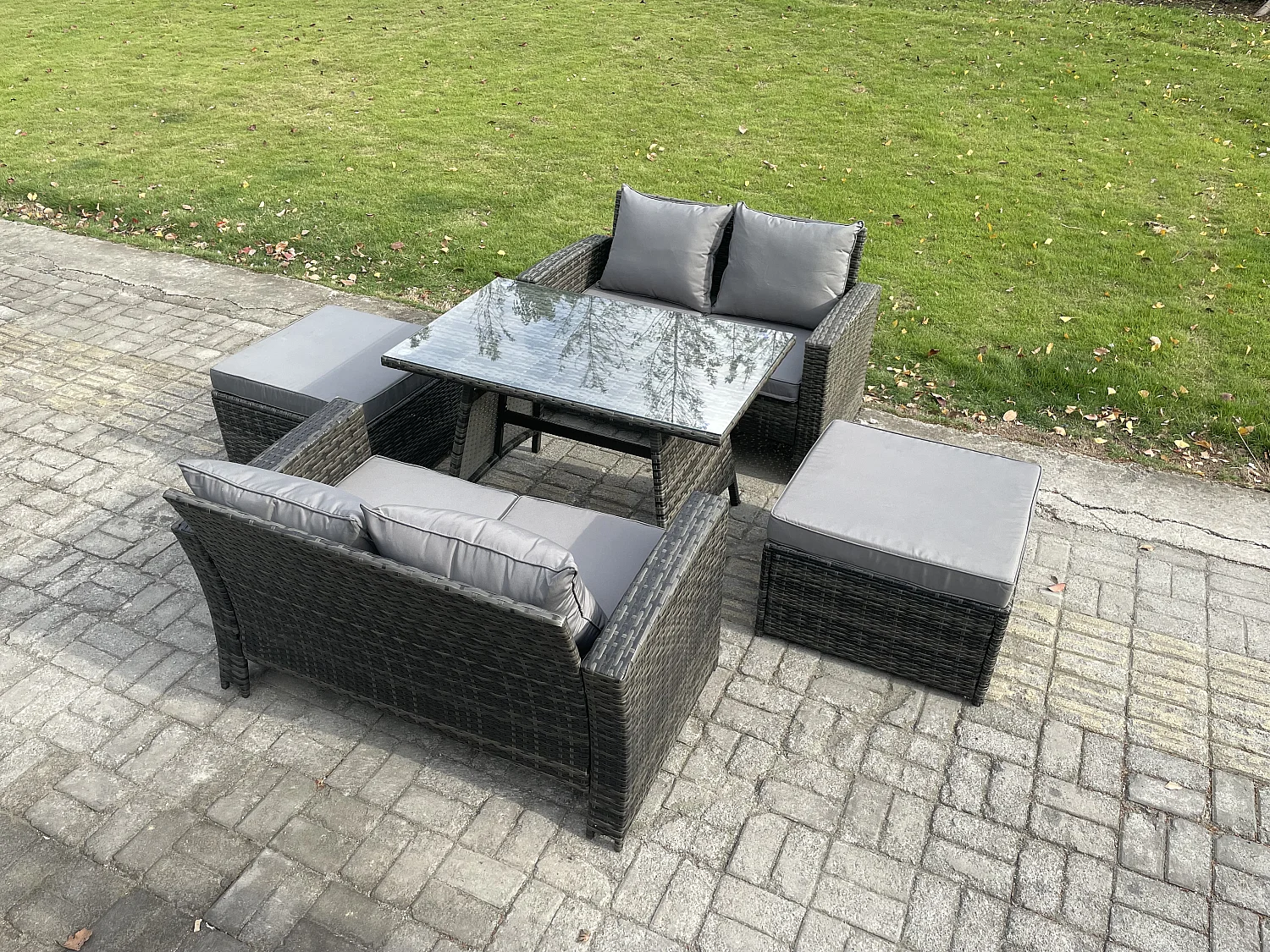 6-Sitzer Polyrattan Garten Esstisch Set Gartenmöbel Sofa mit Rechteckiger Esstisch Doppelsitz Sofa 2 hohen Hockern Dunkelgrau Gemischt