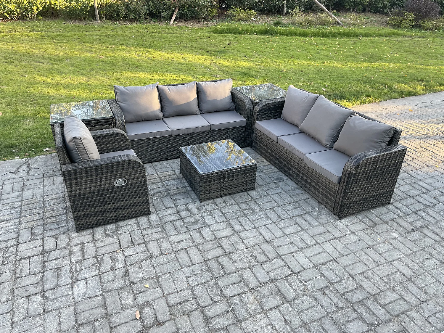 Polyrattan Gartenmöbelset Garten Sofa Couchtisch Set mit Liegestühle 2 Beistelltischen Dunkelgrau Gemischt