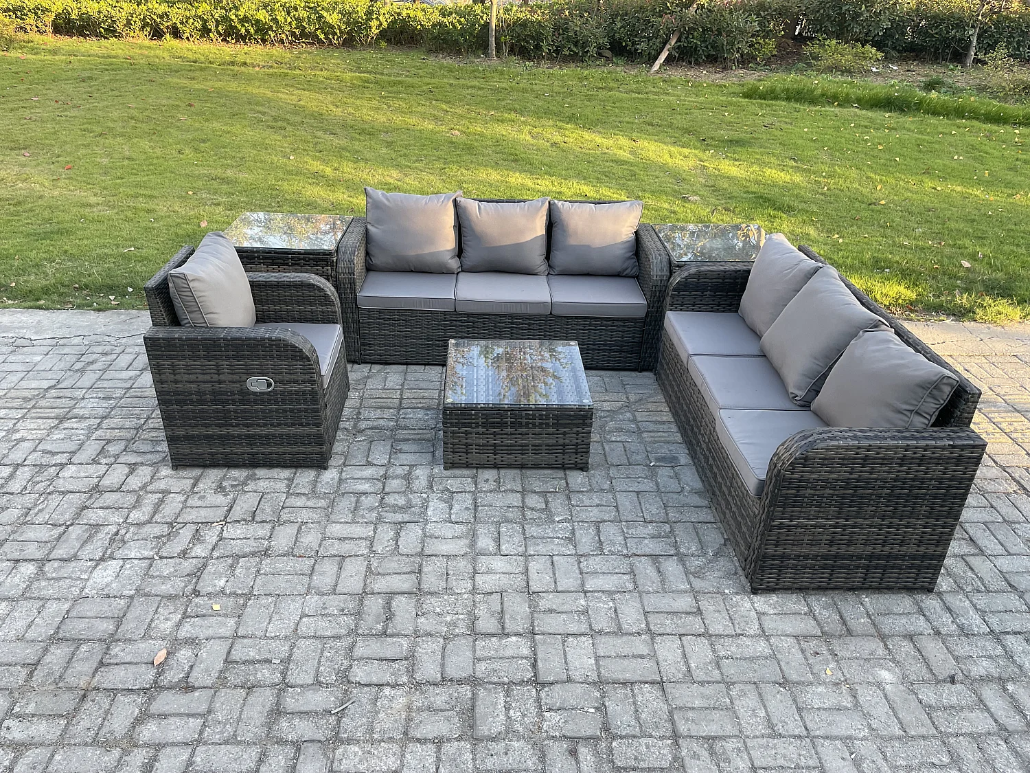 Polyrattan Gartenmöbelset Garten Sofa Couchtisch Set mit Liegestühle 2 Beistelltischen Dunkelgrau Gemischt