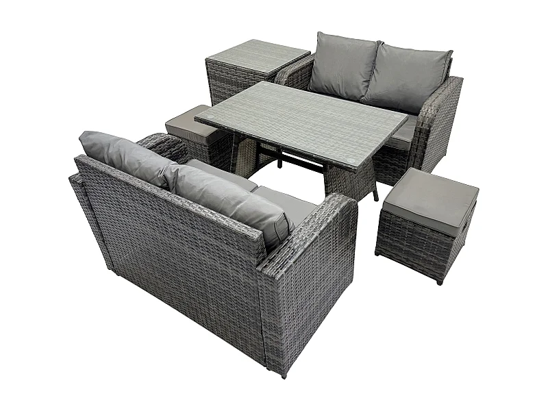 Ensemble de meubles de jardin en polyrotin 6 Pièces avec Table à manger rectangulaire Canapé d'amour 2 Petits tabourets Table d'appoint